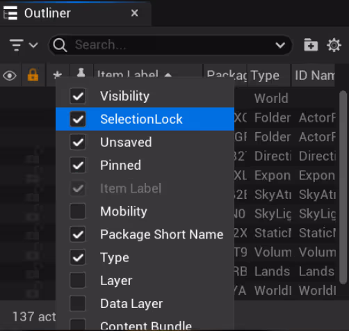 Outliner Selection Lock Column